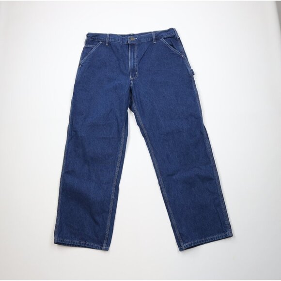 Vintage Y2K Carhartt Mens 38x30 Faded Spell Out Wide Leg Dungaree Jeans Blue